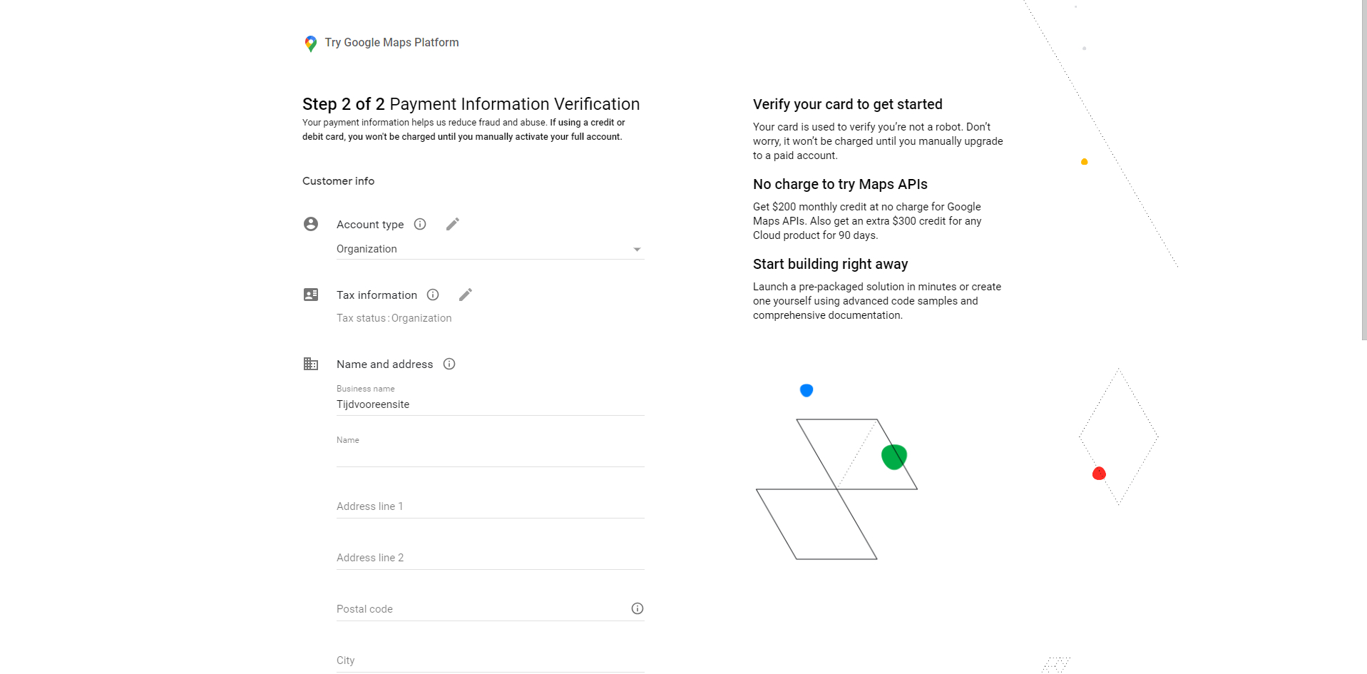 Betaalgegevens invullen Google Maps Platform