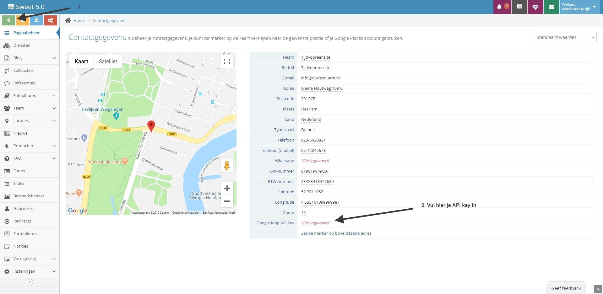 Google Maps API key invoeren