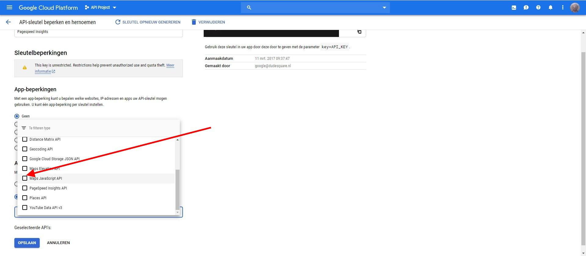 Google Maps API selecteren Google Maps API selecteren
