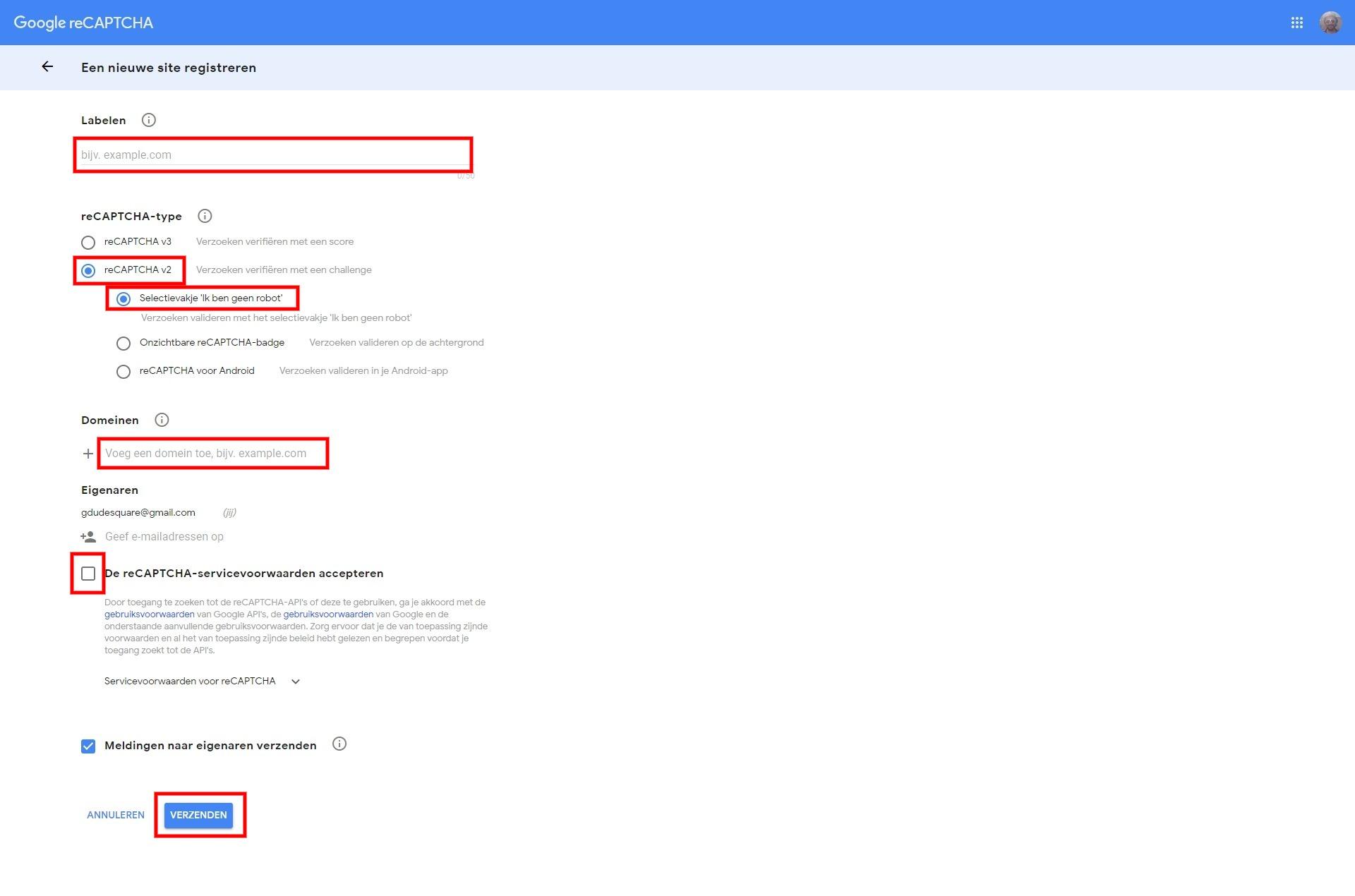 Gegevens invoeren voor Google Recaptcha