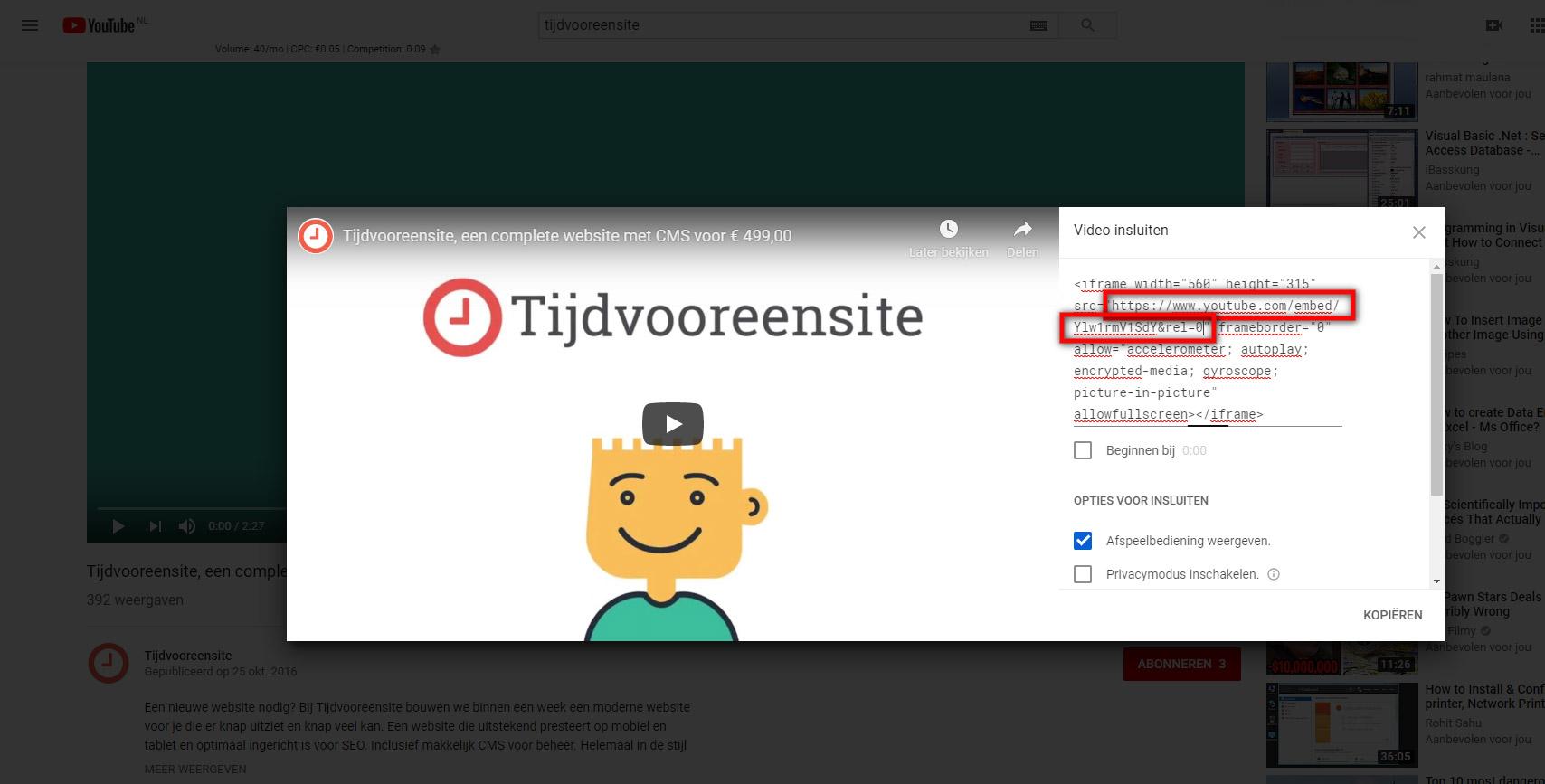 Embed code wijzigen YouTube suggesties