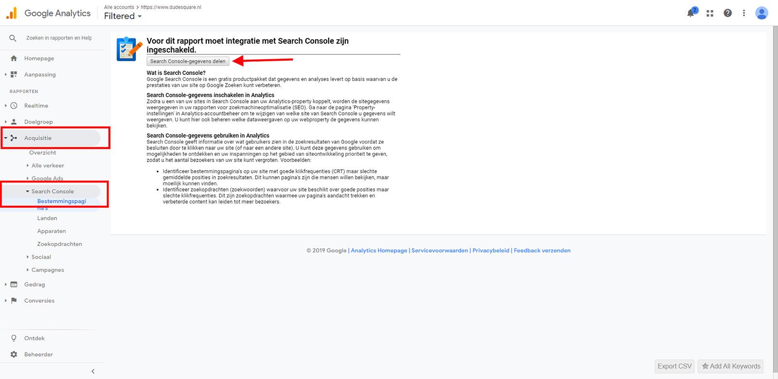 Stap 1 Search Console koppelen aan Analytics