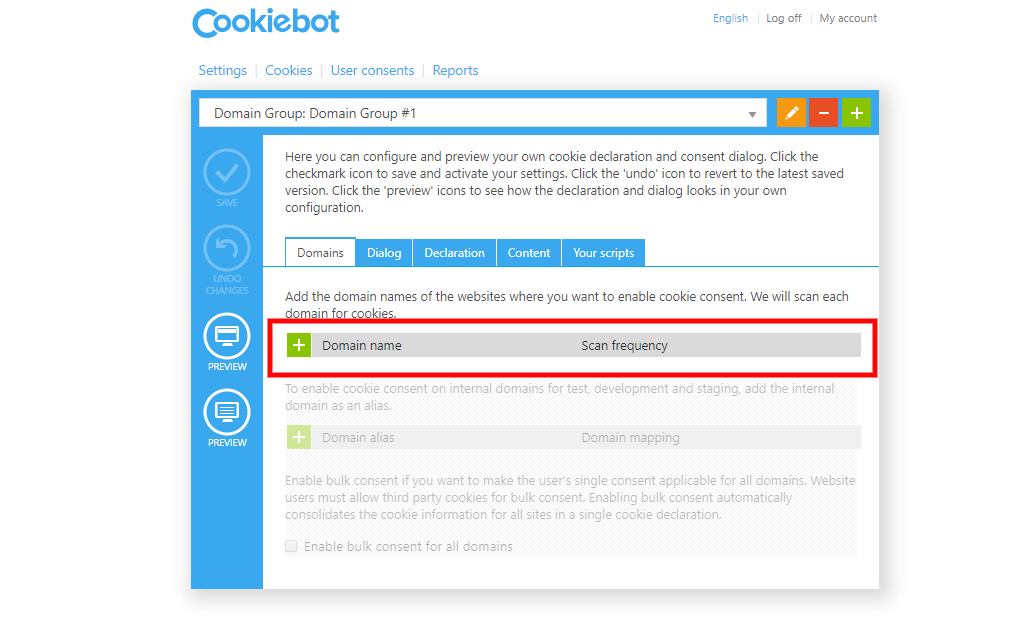 Domeinnaam invoeren in Cookiebot