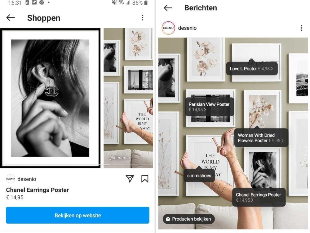 Voorbeeld Instagram Shopping bij retailer Desenio Voorbeeld Instagram Shopping bij retailer Desenio